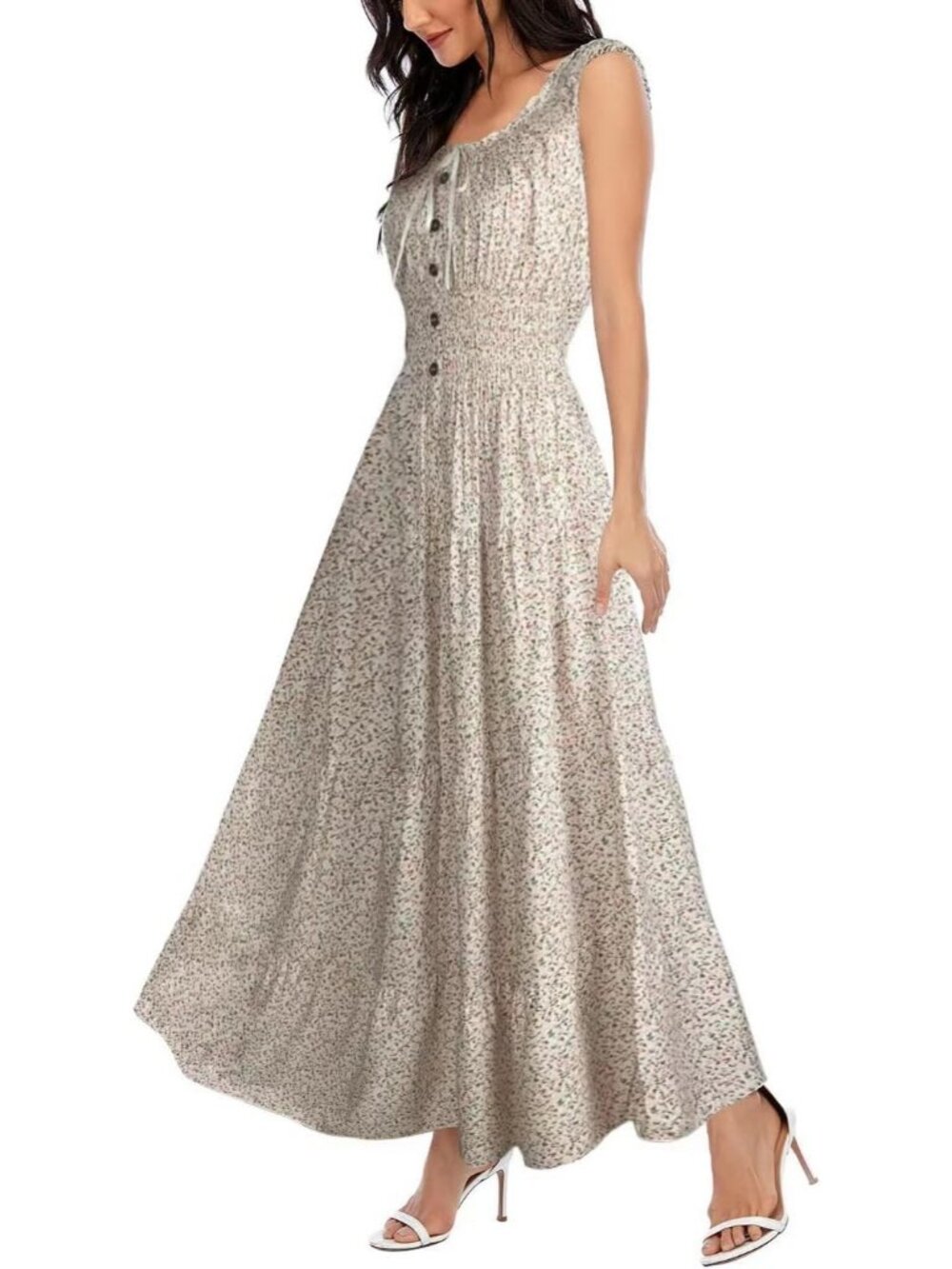 Women's Grey White Boho Floral Maxi Summer Flowy Tiered Casual Long Dress